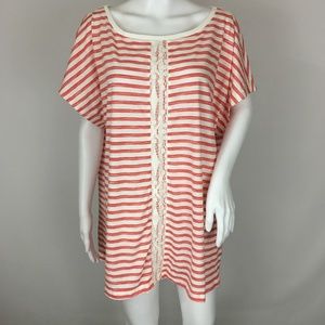Red White Stripe Center Lace Top Tunic XXL